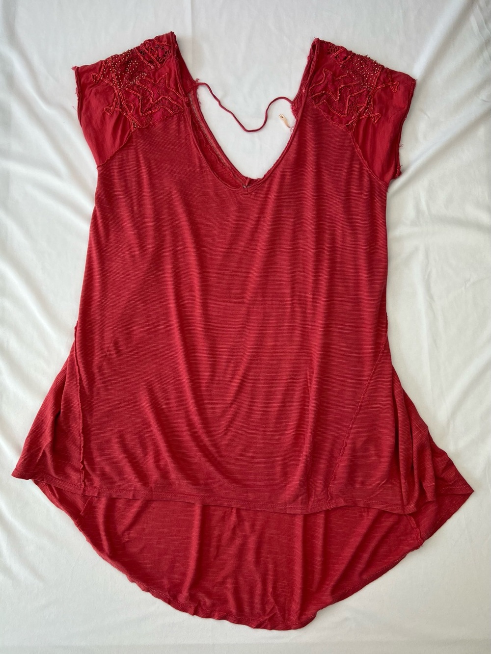 Free People Flowy Embroidered & Beaded Short Sleeve V-neck Tunic Top Pink Medium
